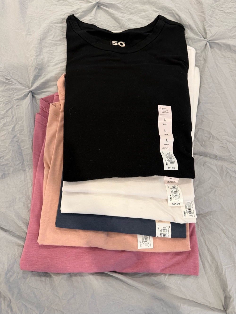Juniors SO Crew Neck 6 Tees- Black, White, Navy, Blush, Mauve- Size L- All NWT